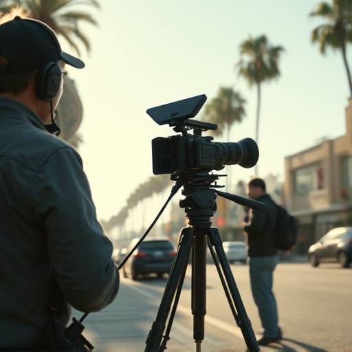 A film crew shooting a scene on a Los Angeles street