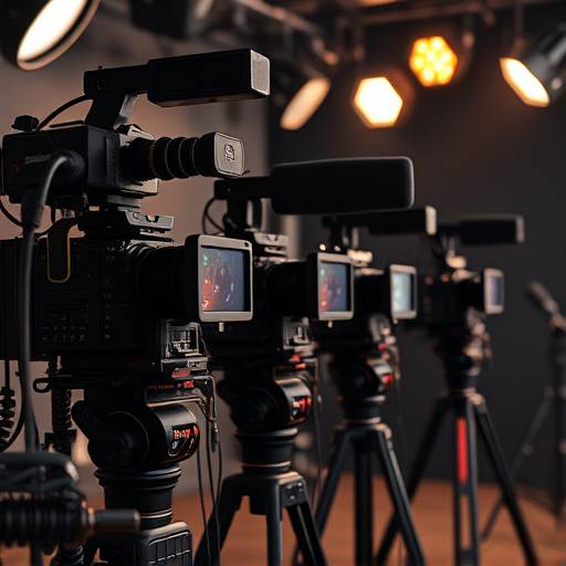 An array of video production equipment, including cameras, lights, and microphones