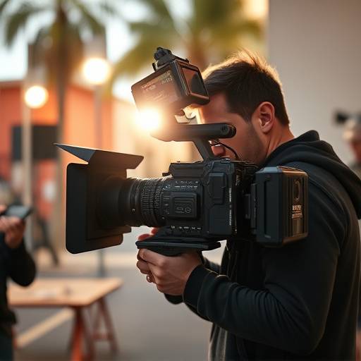 Cinematographer working with a professional camera on a film set in Los Angeles