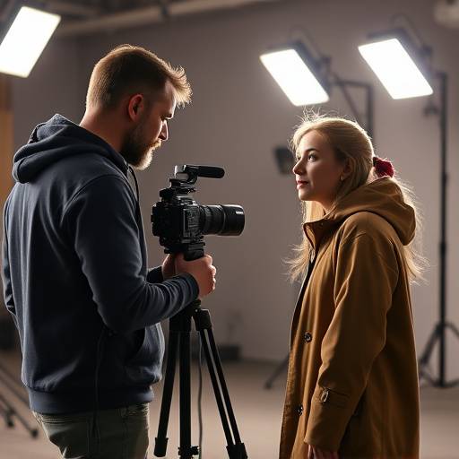 Filmmaker conducting an interview with a subject in a well-lit studio