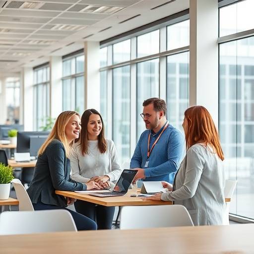 Frame from a company profile video for Global Tech Solutions showing employees collaborating in an office
