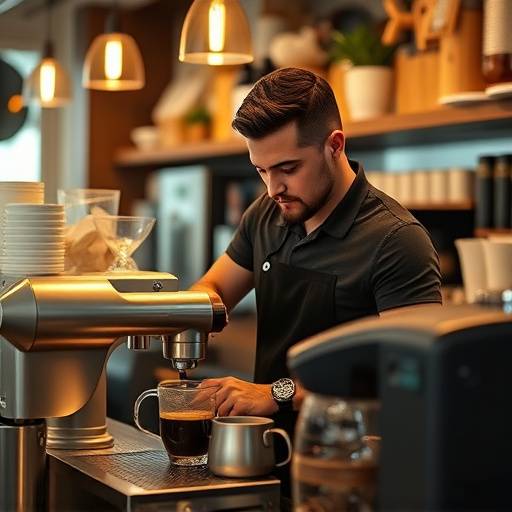 Scene from a commercial for Artisan Coffee Co. showing a barista preparing coffee