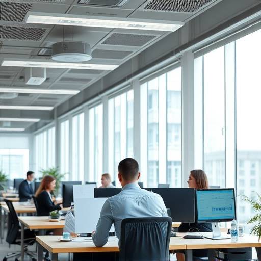 Scene from a corporate video for 'TechSolutions Inc.' featuring employees working in an office