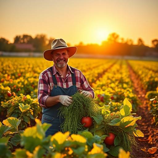 Shot from a commercial for 'Sunshine Organics' showing a farmer harvesting crops
