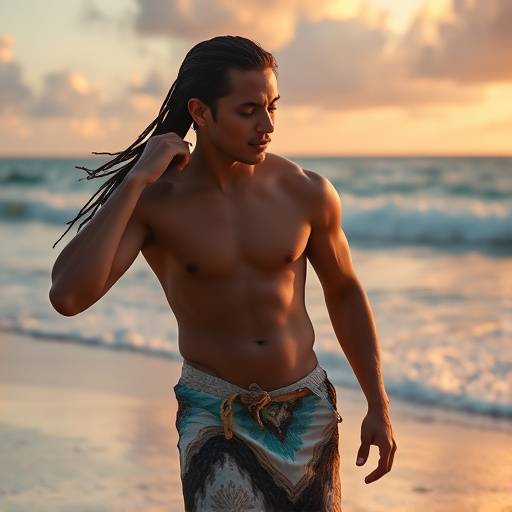 Still from the music video 'Rhythm of the Coast' featuring artist Kai Ocean on a beach