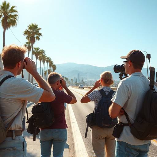 Team of filmmakers scouting a potential filming location in downtown Los Angeles