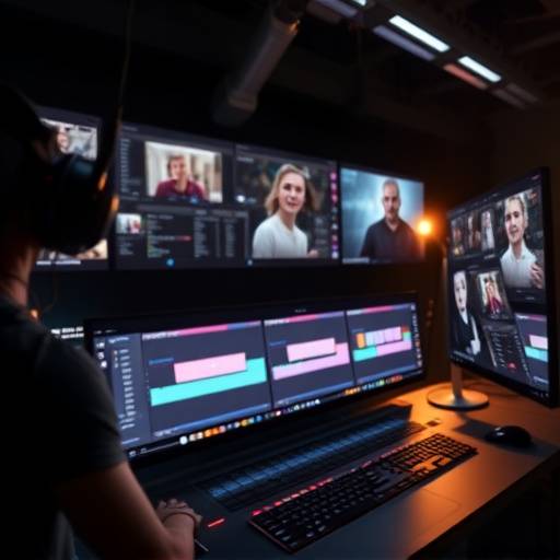 Video editor working on a complex timeline in a post-production suite